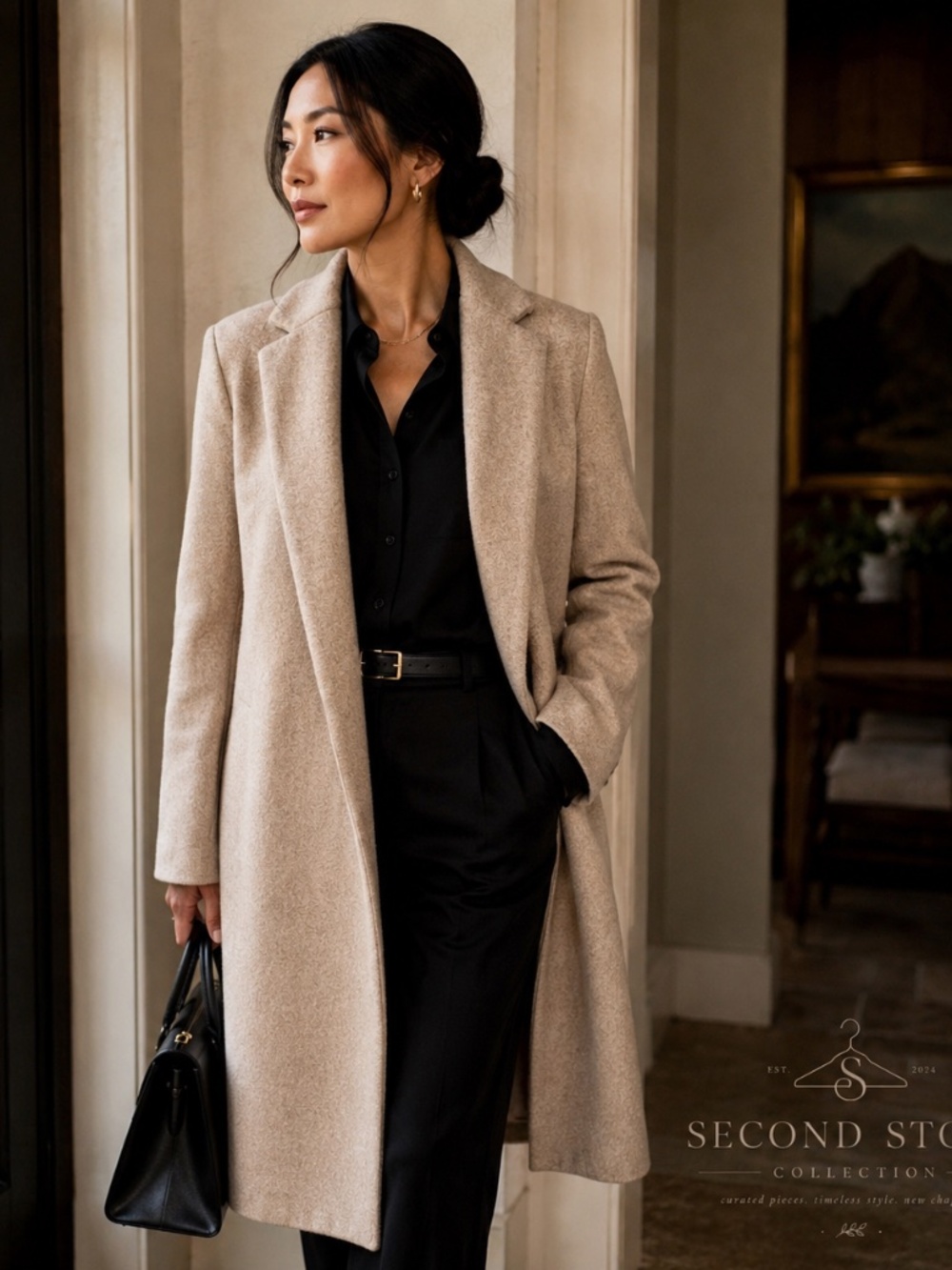 ZARA Women's Mid-Length Overcoat Beige Open Front Collared Pockets Long Sleeve